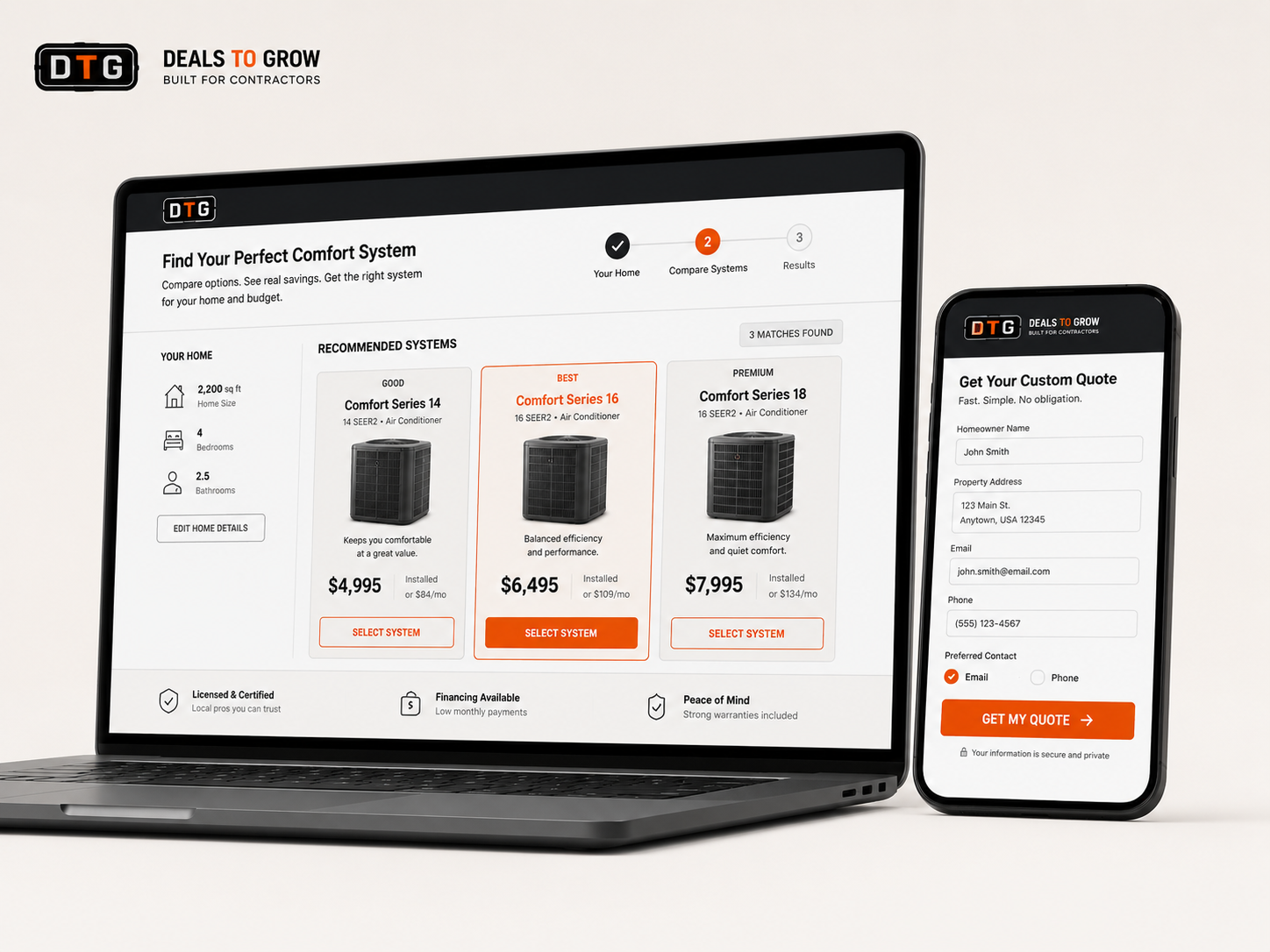 HVAC system selector and custom quote tool on laptop and mobile