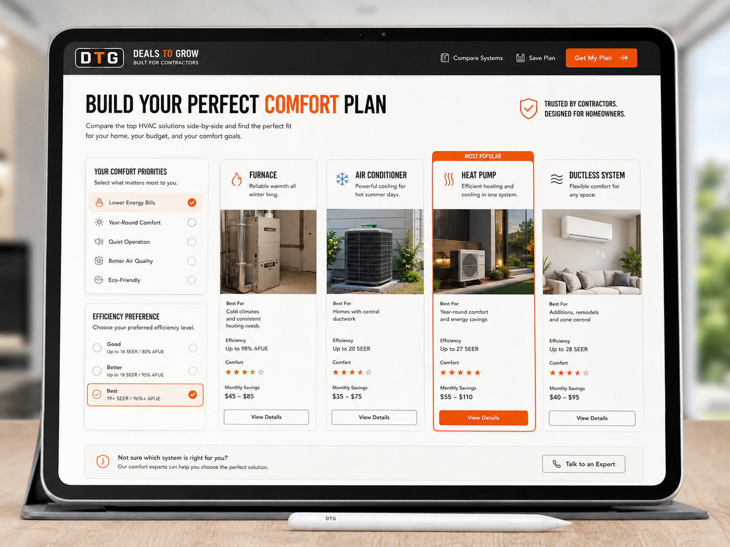 Build Your Perfect Comfort Plan — HVAC system selector on a tablet
