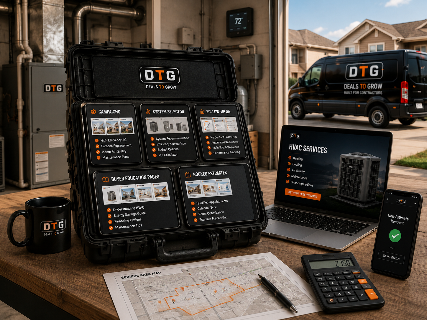 DTG HVAC install kit: campaign binder, van, laptop, phone with estimate request
