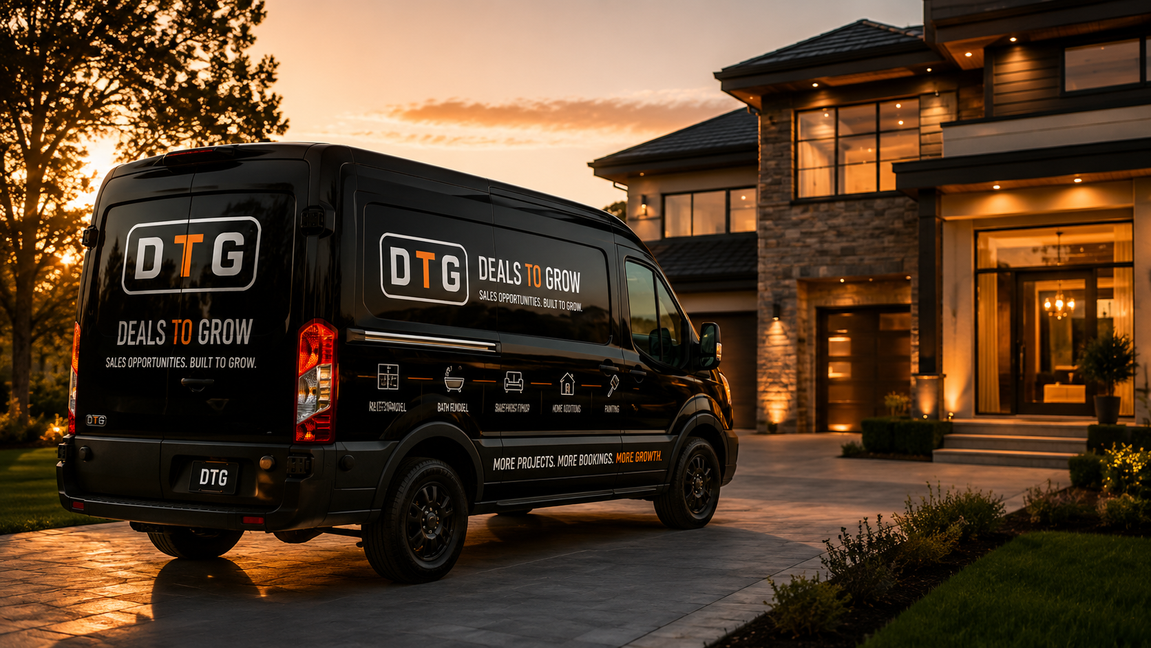 DTG van parked at a finished kitchen remodel project at dusk