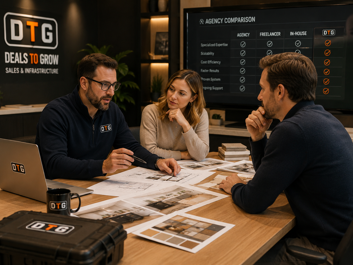 Homeowners reviewing kitchen plans and material samples with a DTG strategist
