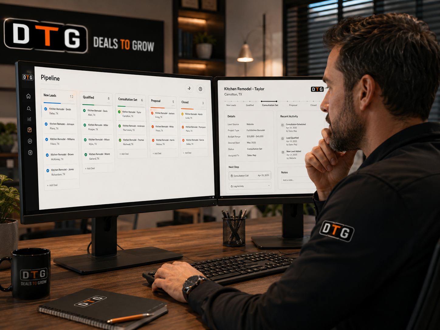 Operator reviewing a kitchen remodel pipeline in the DTG CRM