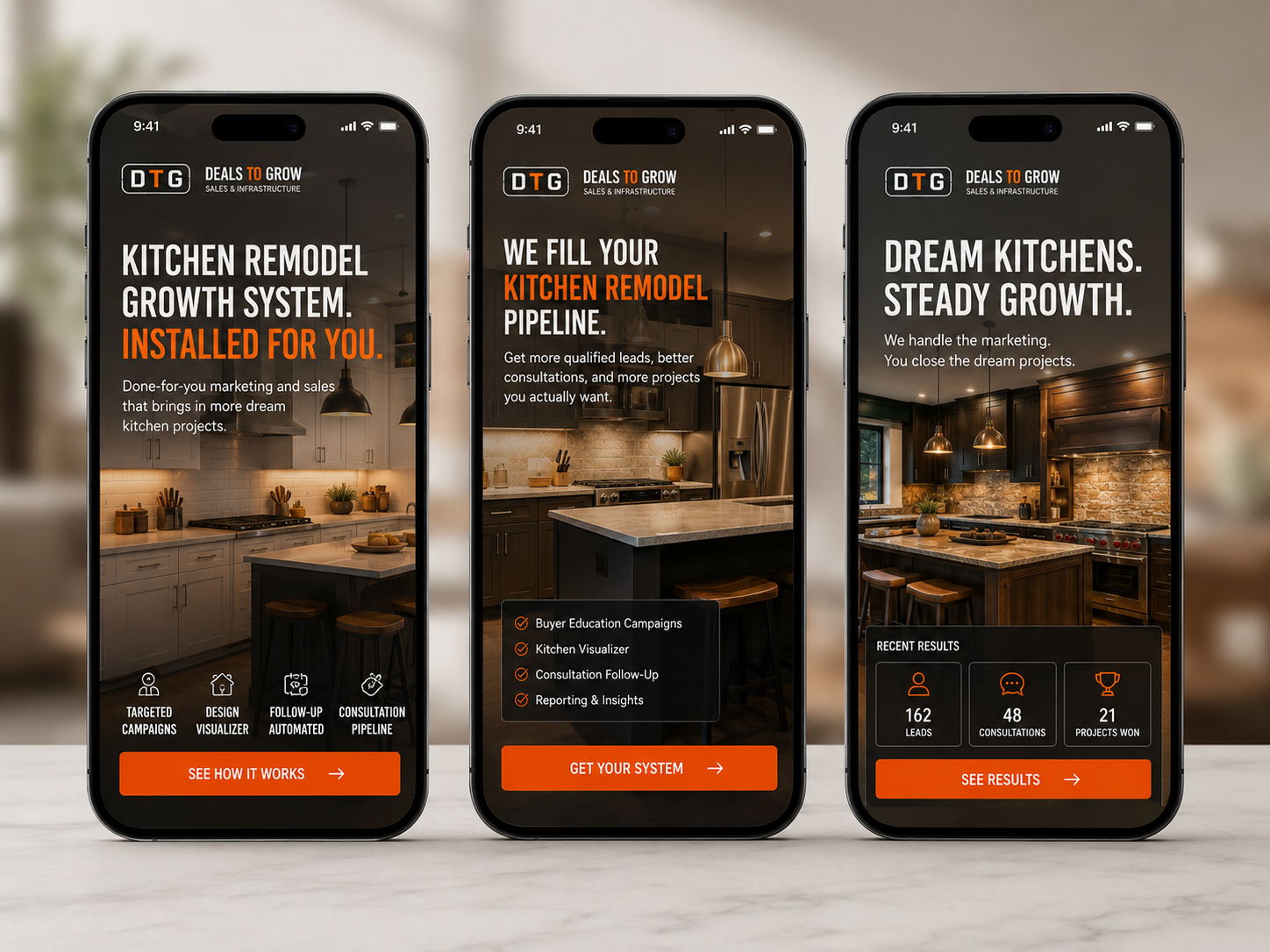 Kitchen remodel campaign funnels on three phones