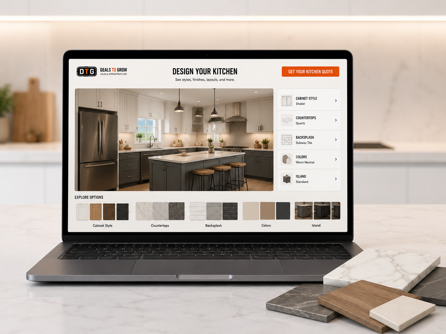 Design-your-kitchen visualizer on a laptop with material samples