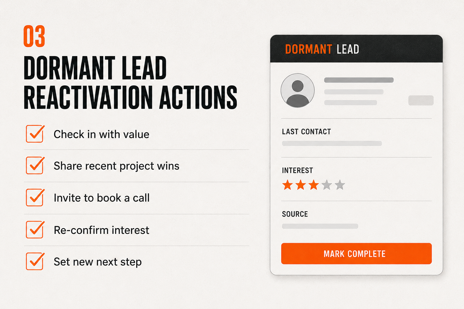 Dormant lead reactivation checklist beside a phone showing a re-engagement message