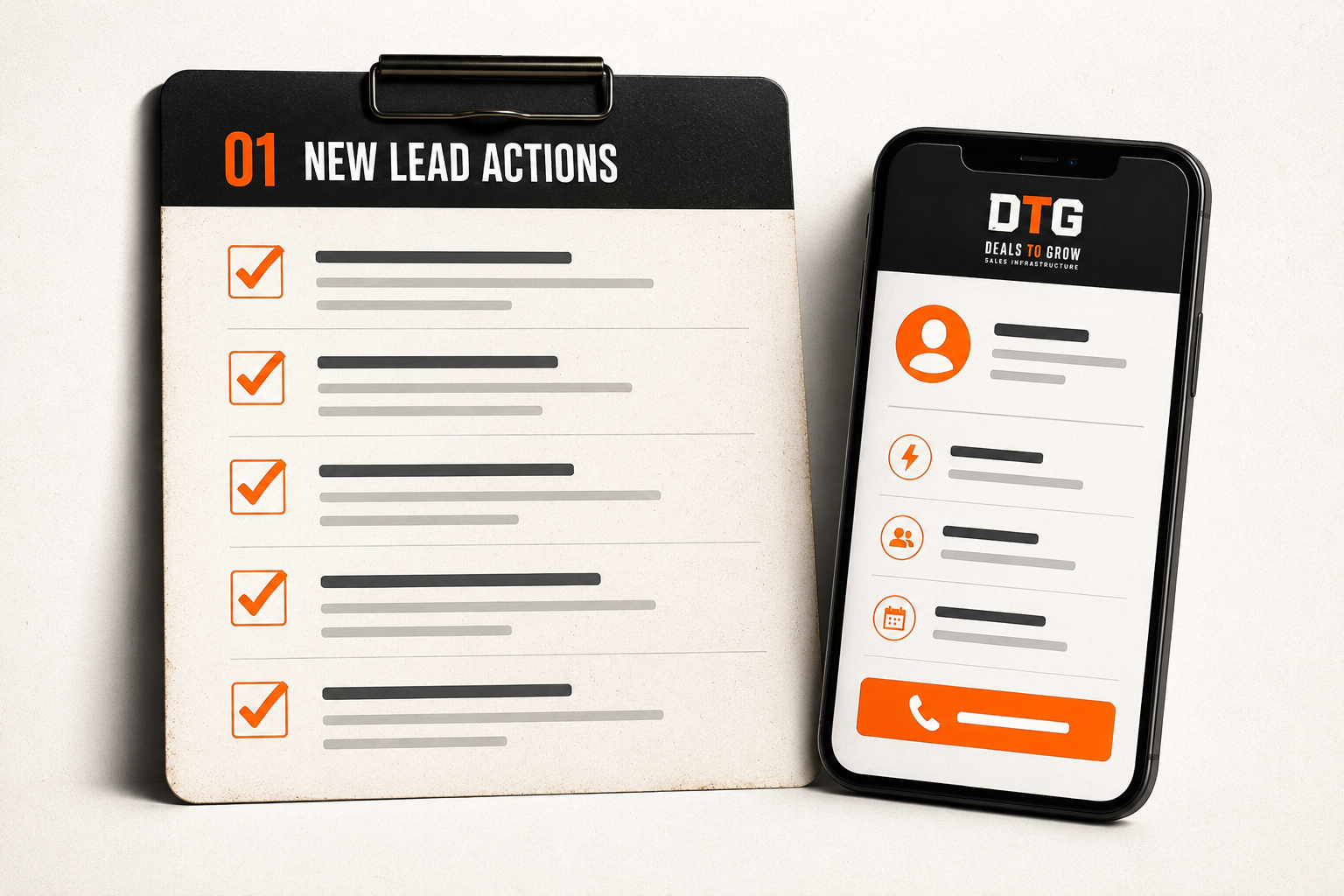 New Lead Actions clipboard checklist beside a phone showing a lead record