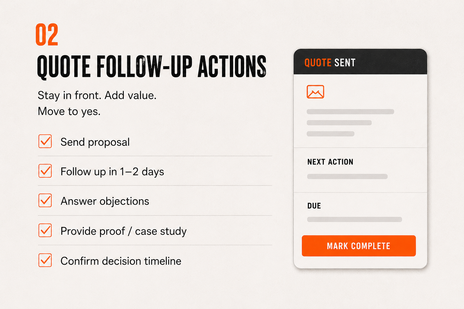 Quote follow-up checklist beside a phone showing a quote record