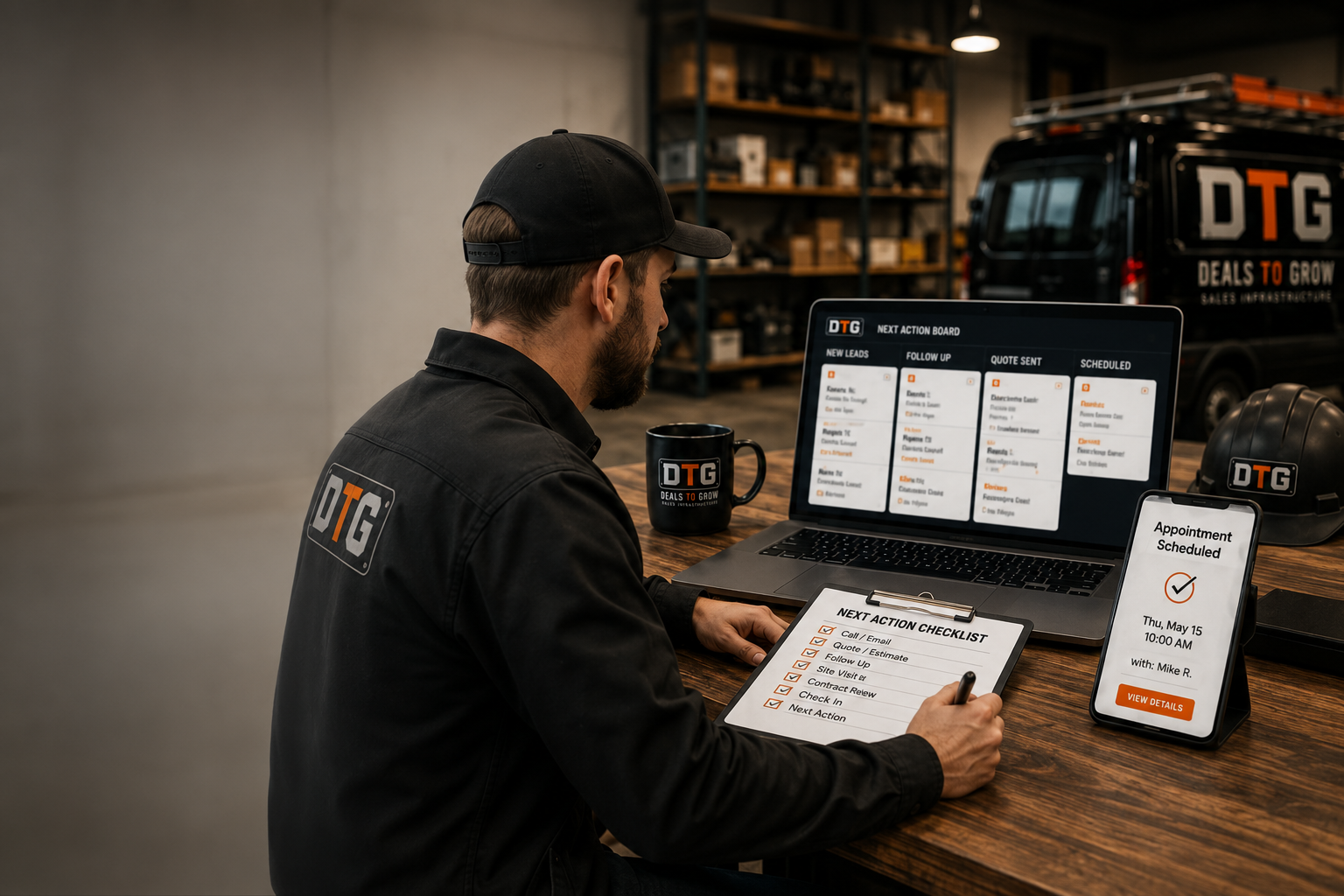 Operator filling in a Next Action Checklist on a clipboard in front of a laptop showing the Next Action Board