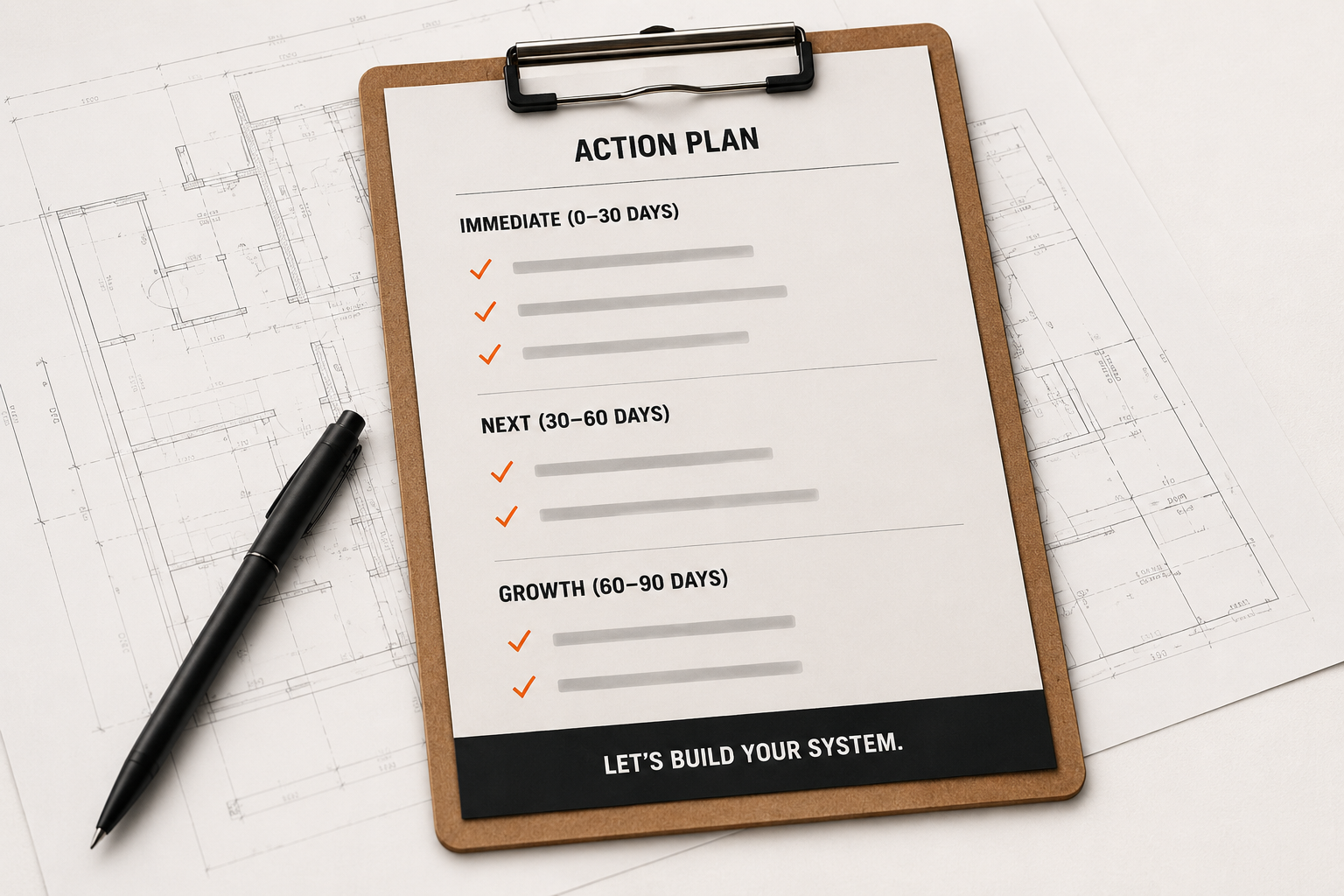 Action plan on a clipboard over blueprints — immediate, next, and growth checklists