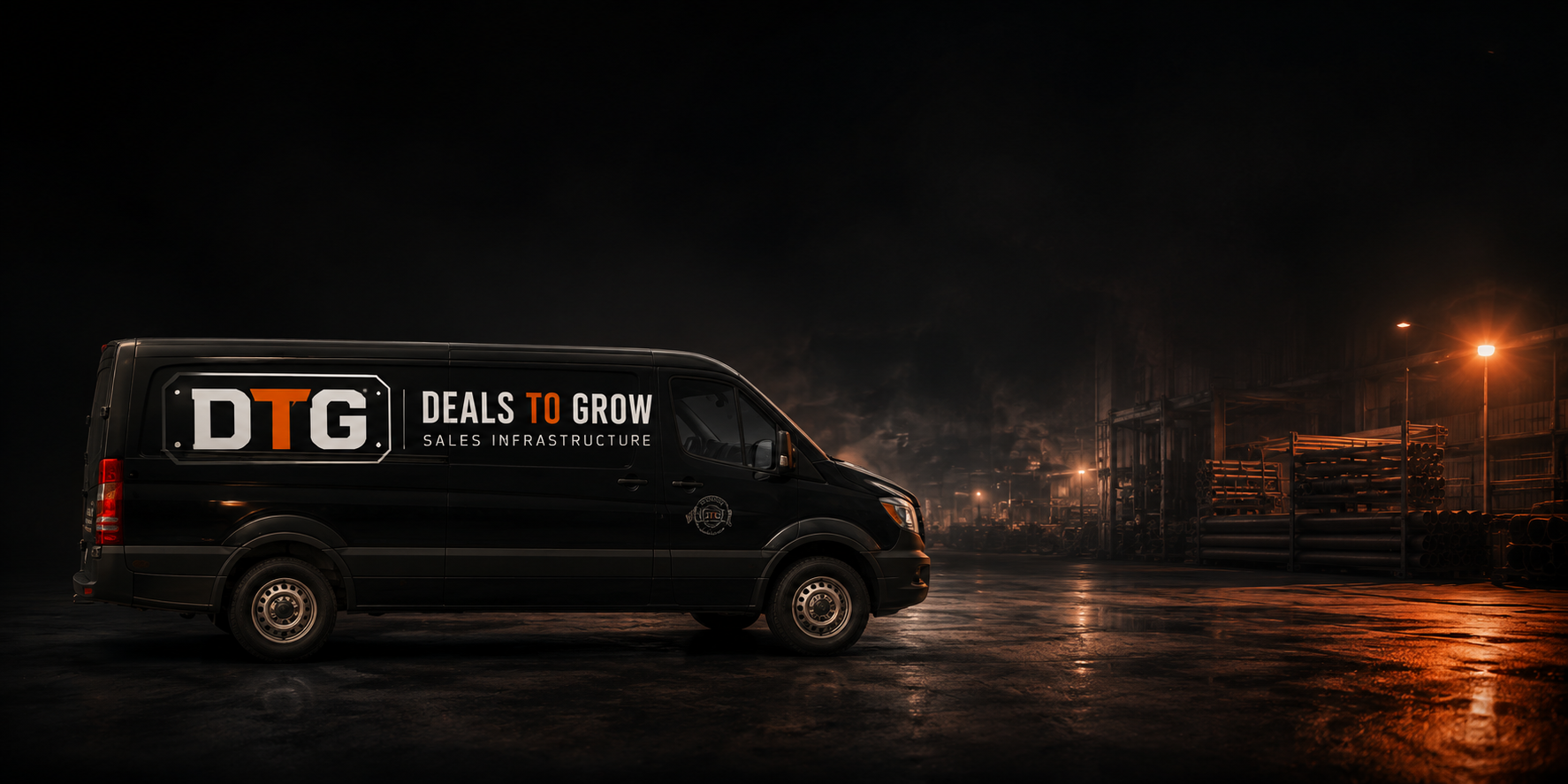 DTG van parked in an industrial yard at night
