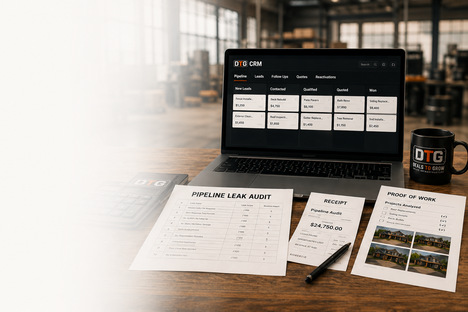 Laptop showing the DTG CRM pipeline beside a printed Pipeline Leak Audit sheet, a receipt, and a proof-of-work sheet