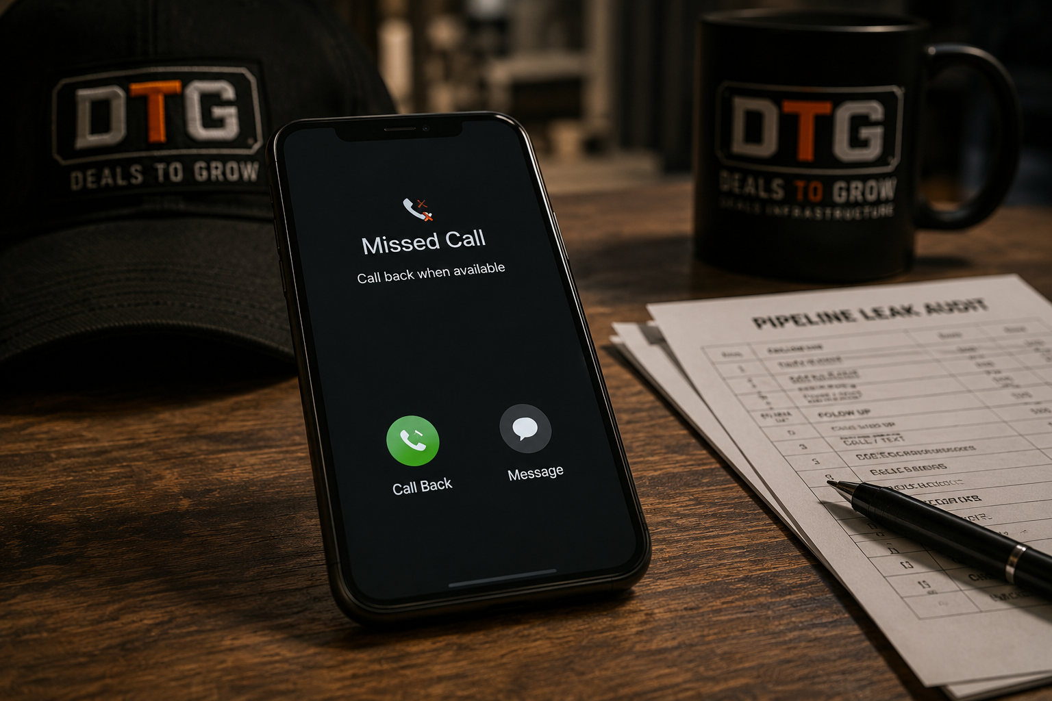 Phone showing a missed call on a desk beside a Pipeline Leak Audit sheet