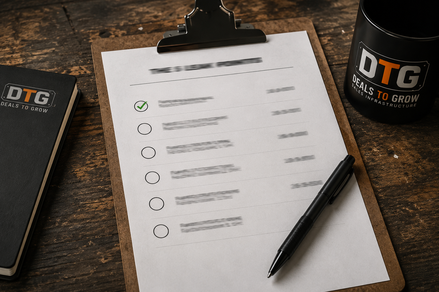 Clipboard checklist with only the first item checked, beside a DTG mug