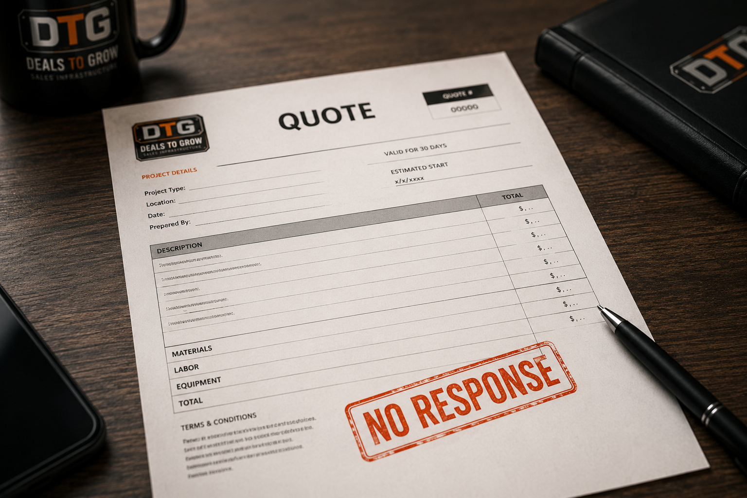 Printed quote stamped NO RESPONSE on a desk