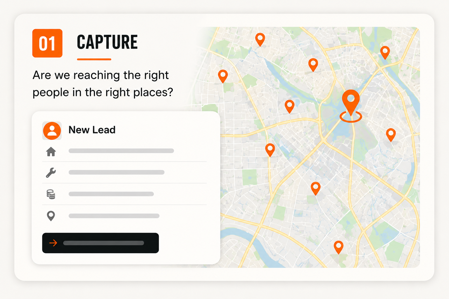 Capture checkpoint panel — a new-lead card beside a map of lead pins
