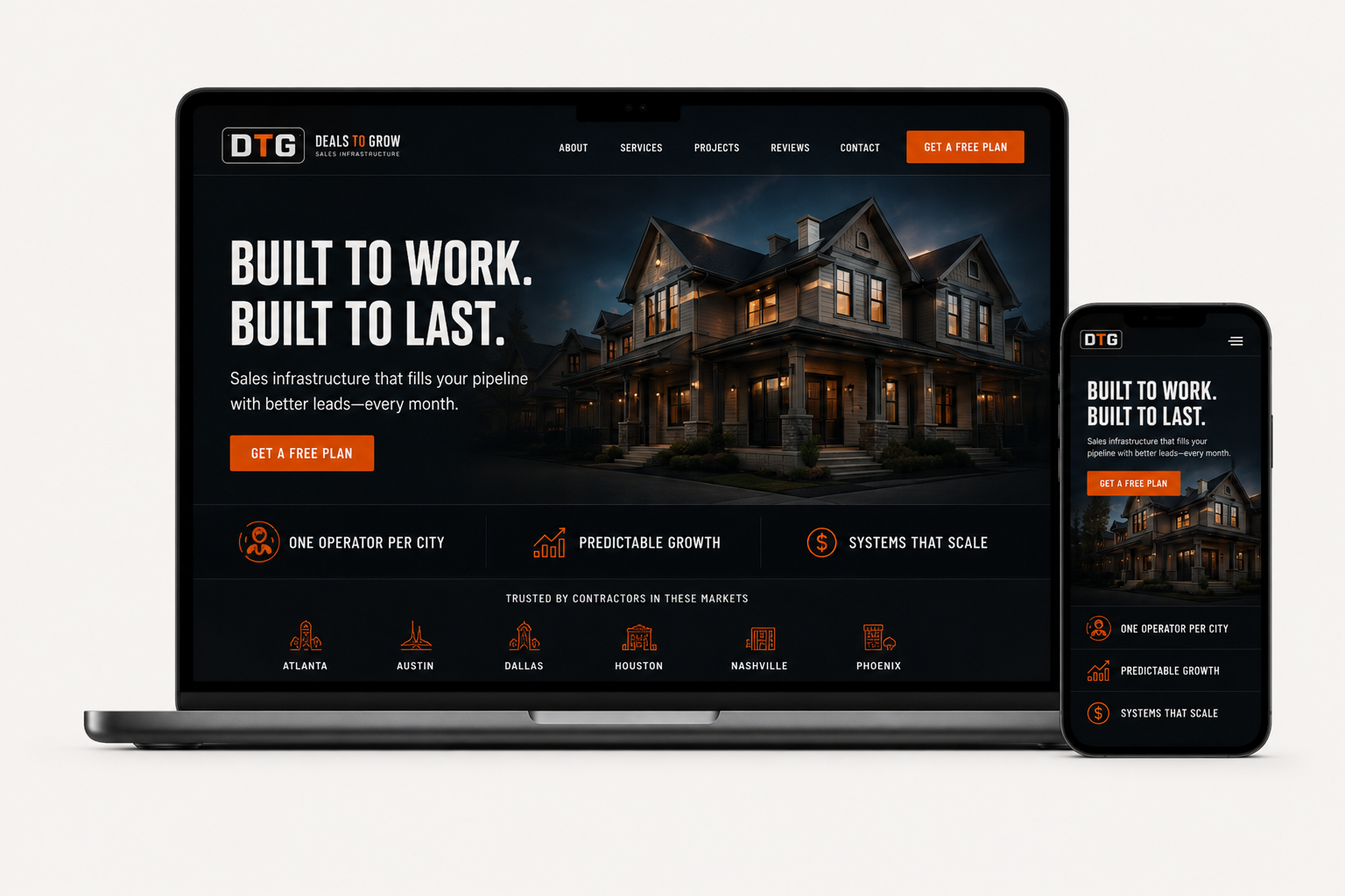 Authority website mockup on laptop and phone — Built To Work, Built To Last