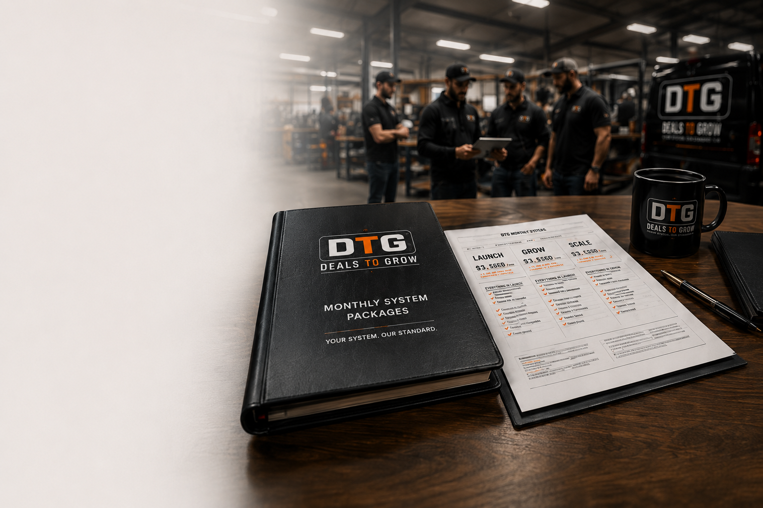 DTG packages binder and rate card laid out on a workshop desk