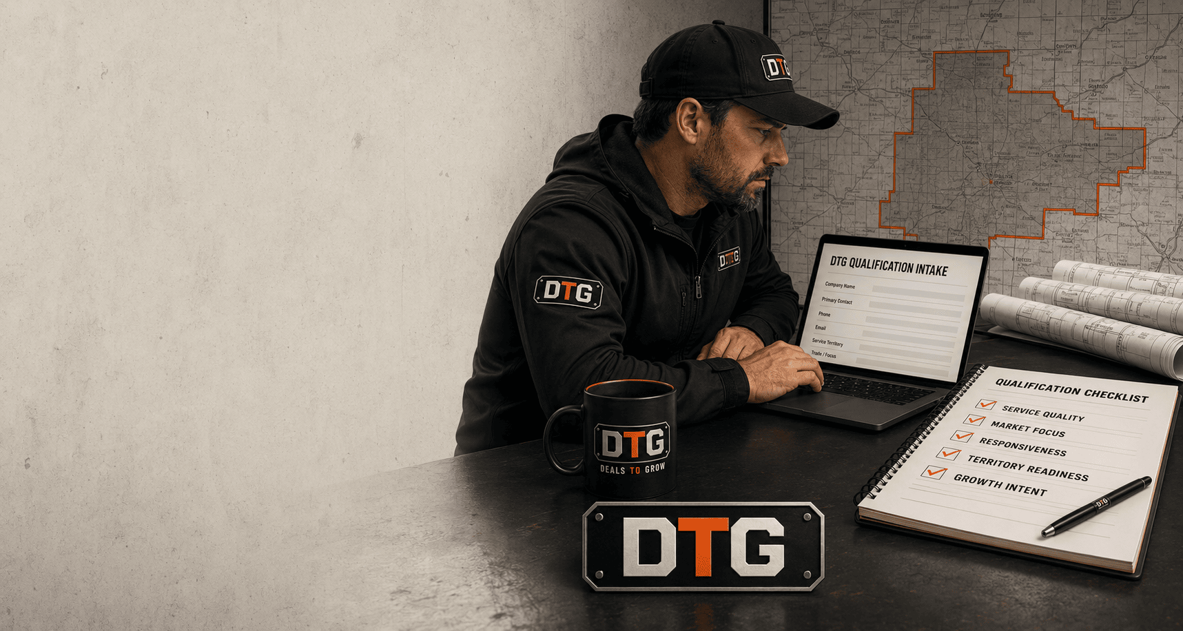 Operator at a desk reviewing the territory map and qualification checklist on screen