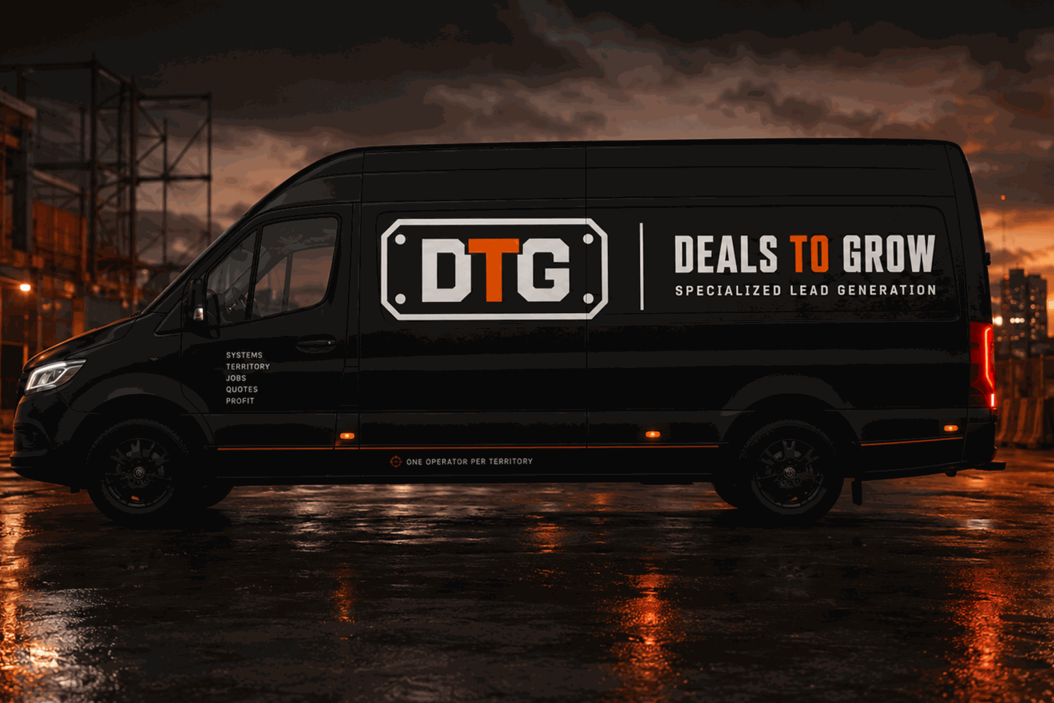 Black DTG van parked outside a contractor's shop
