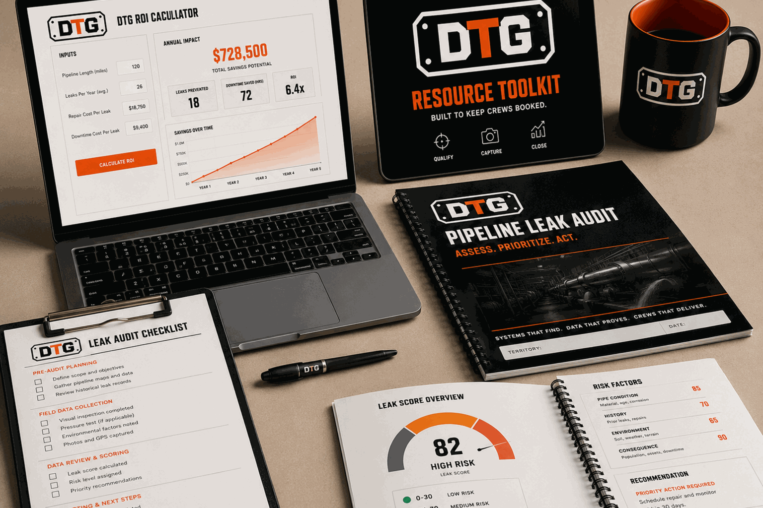 DTG resource kit on a desk — ROI calculator on a laptop, pipeline leak audit report, and leak audit checklist