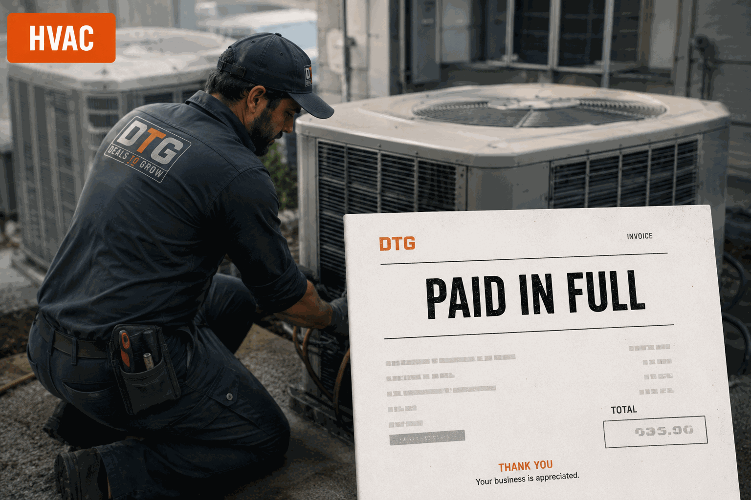 HVAC technician working on rooftop units beside a paid-in-full DTG invoice
