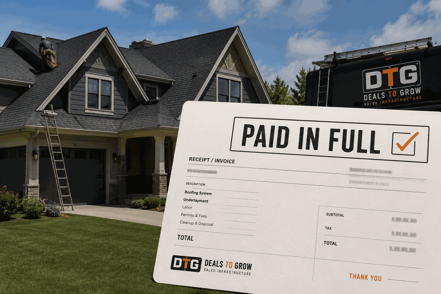 DTG roofing case file — paid in full invoice with job complete