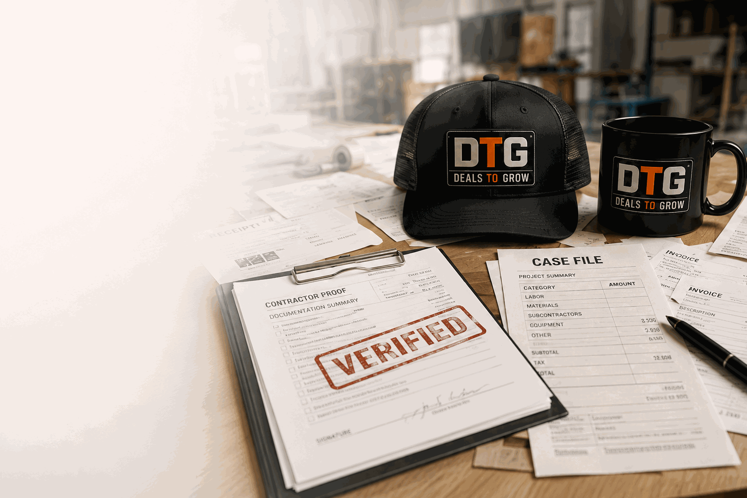 DTG cap and mug on a desk beside a contractor case file stamped VERIFIED