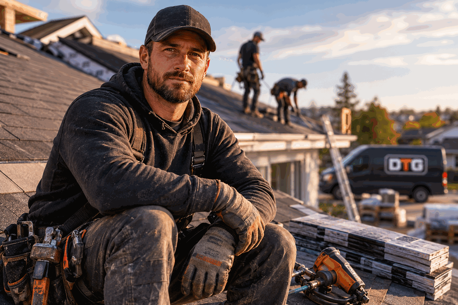 Roofing operator on a rooftop job site with crew and DTG van behind