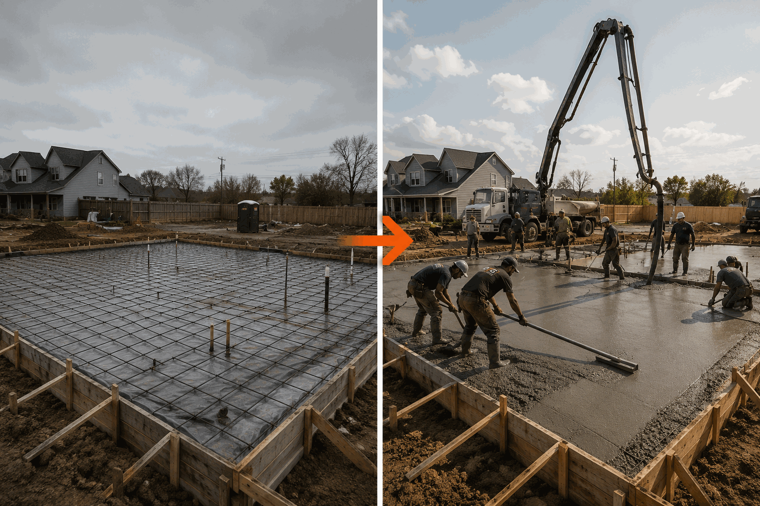 Concrete slab before and after — from bare rebar formwork to a full crew pour