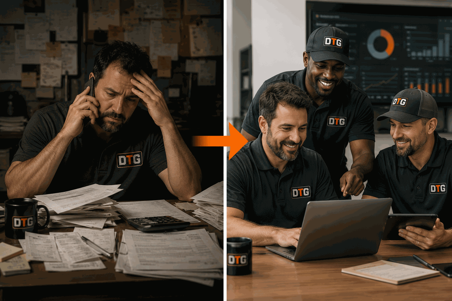 HVAC owner before and after — from a desk buried in paperwork to one DTG dashboard