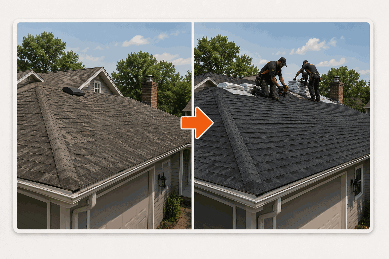 Before and after roof replacement — transformation visual