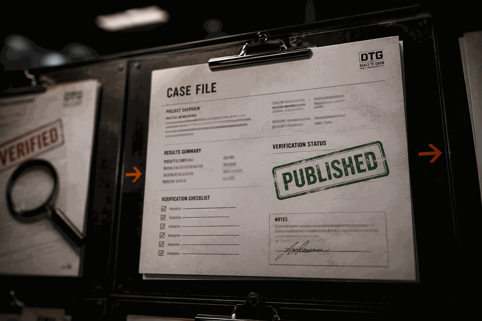 Case file on a clipboard stamped PUBLISHED