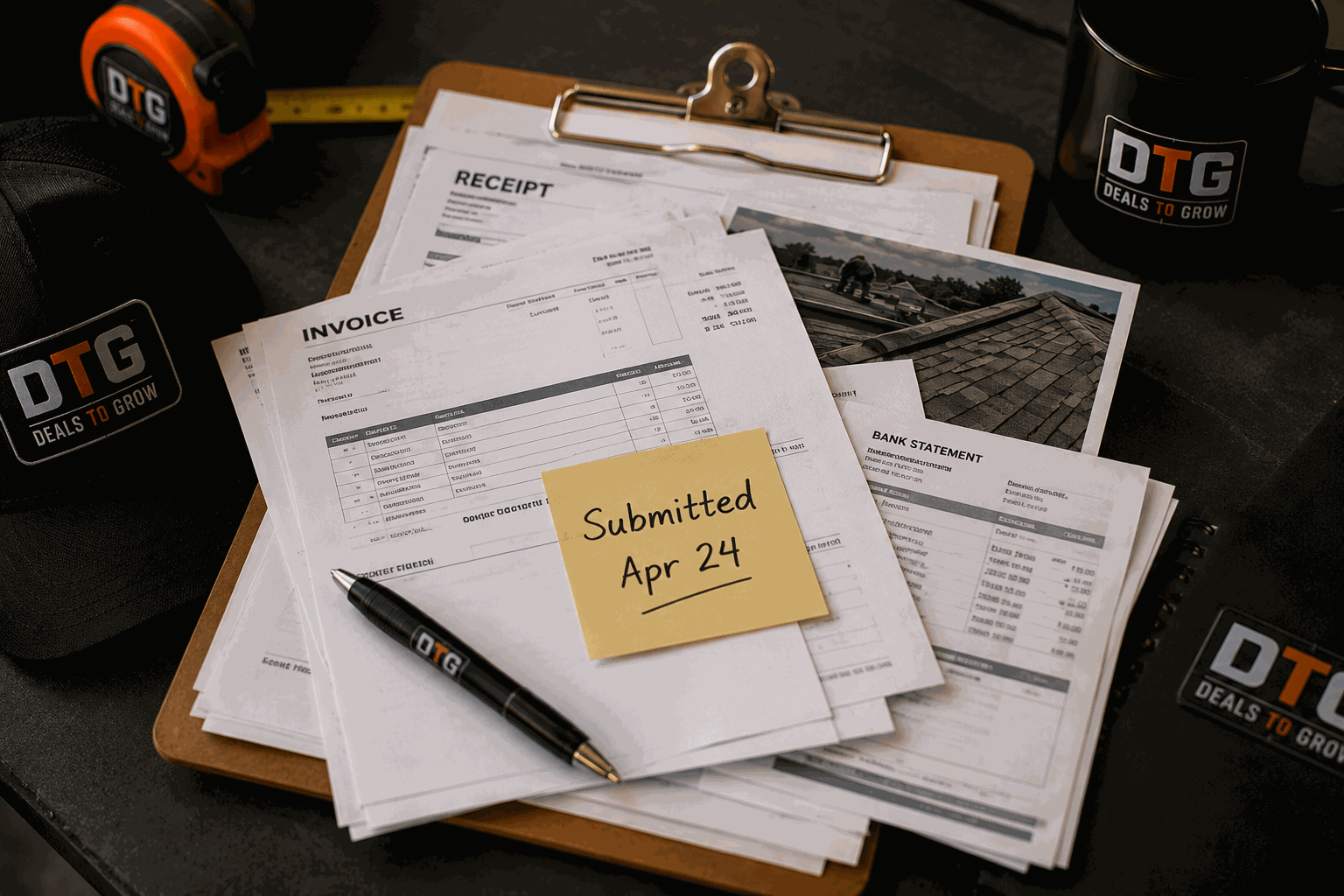 Clipboard stacked with receipts, invoices, and a bank statement marked submitted