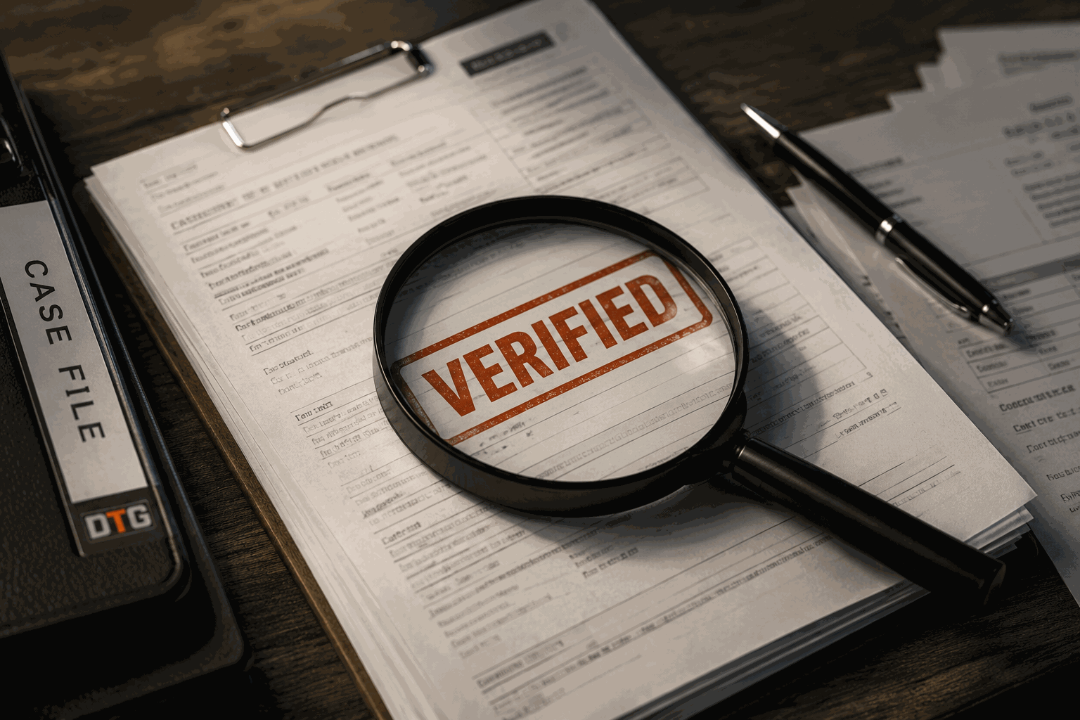 Magnifying glass over a case file showing a VERIFIED stamp