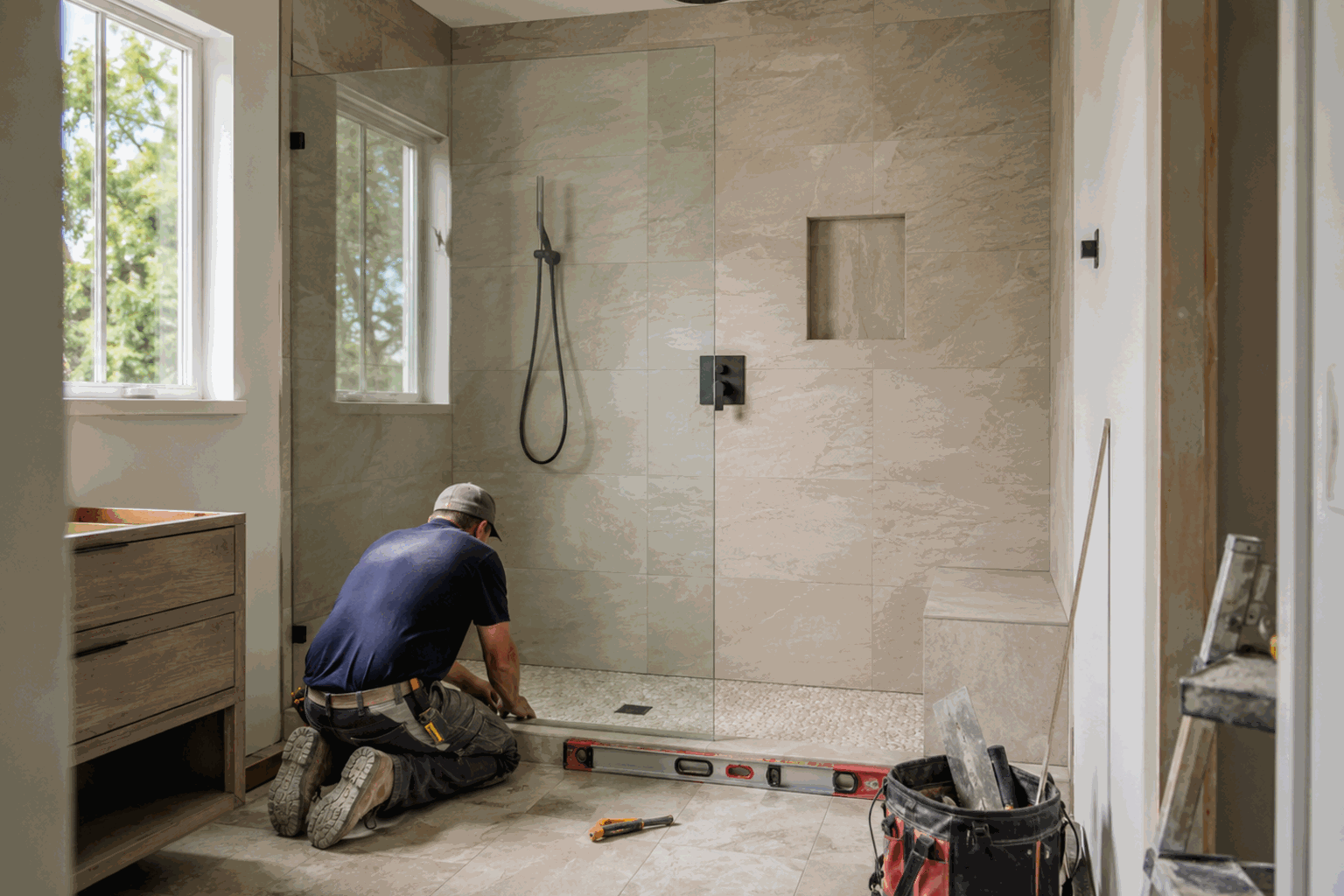 Contractor tiling a walk-in shower on a full bath remodel