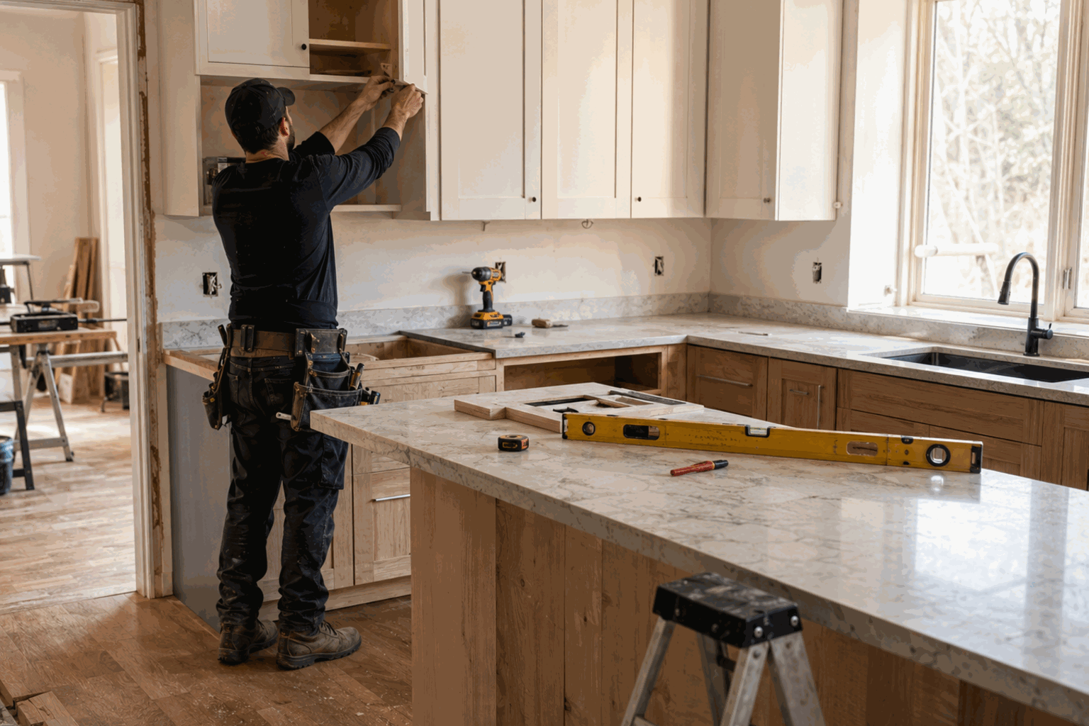 Contractor installing cabinetry on a kitchen remodel