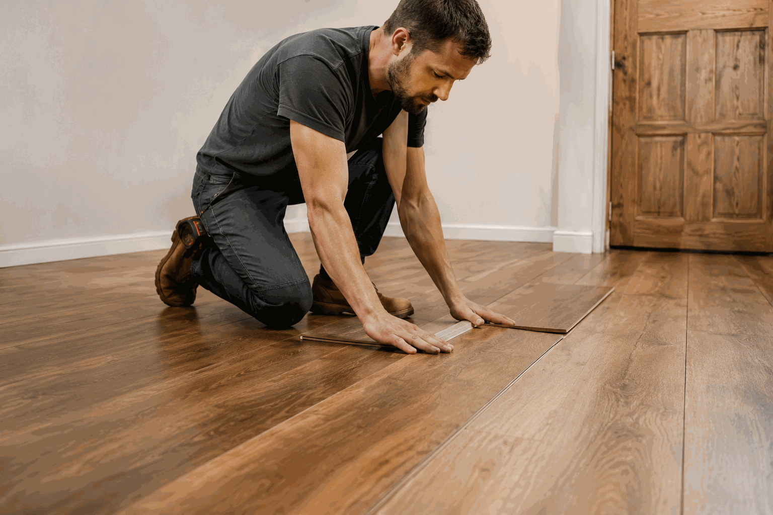 Installer fitting luxury vinyl plank flooring in a home