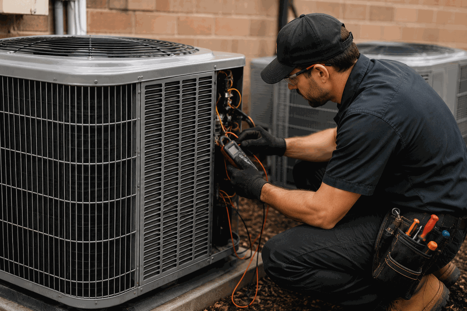 HVAC technician servicing an outdoor condenser unit