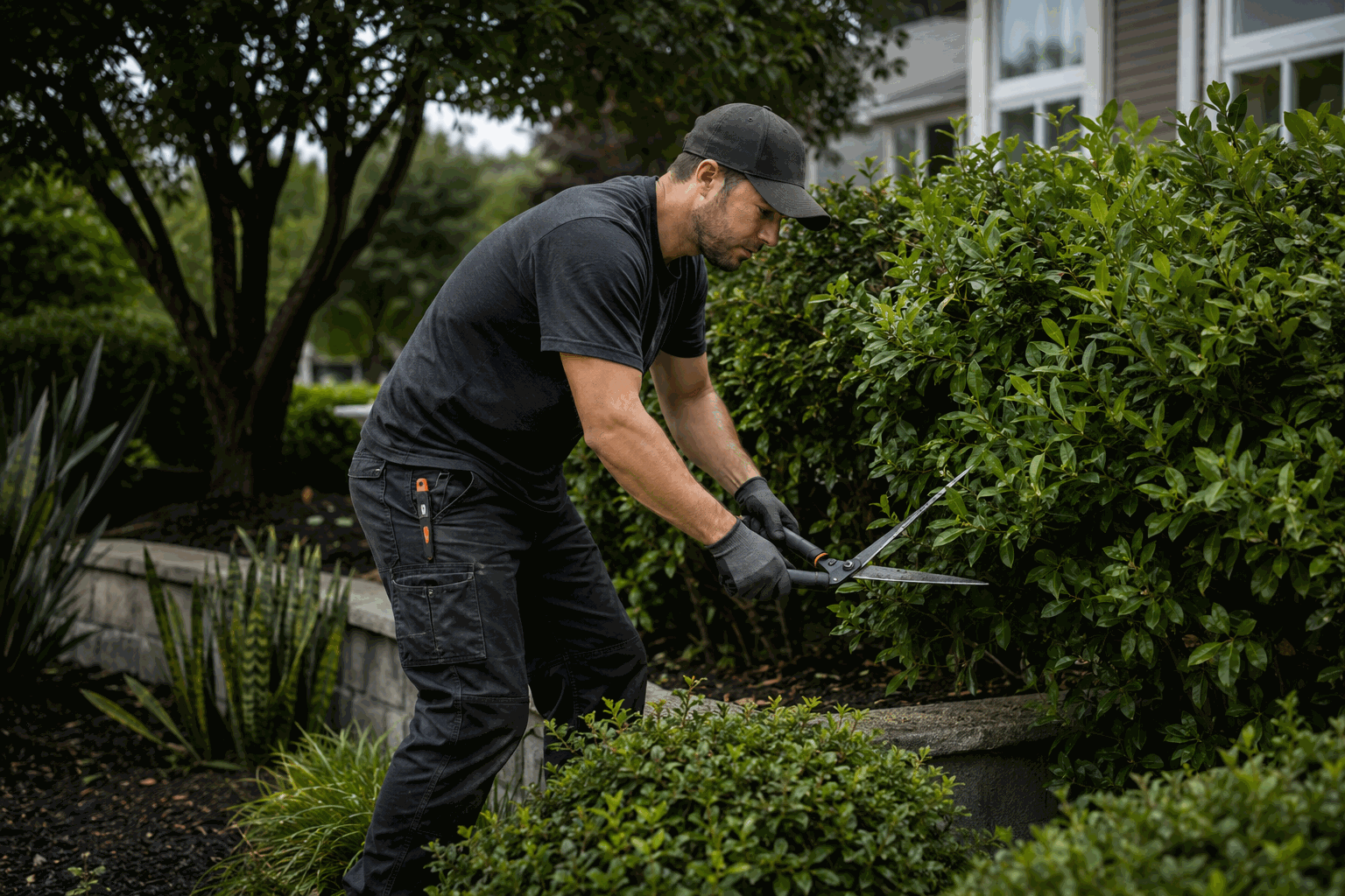 Landscaping technician trimming hedges at a residential property — maintenance-contract work