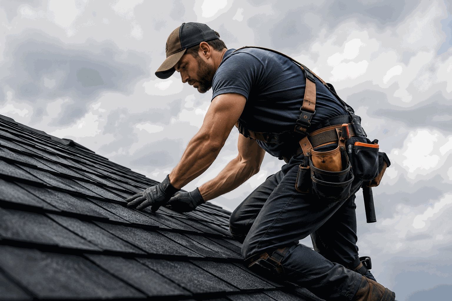Roofer laying dark shingles on a storm-lit roof