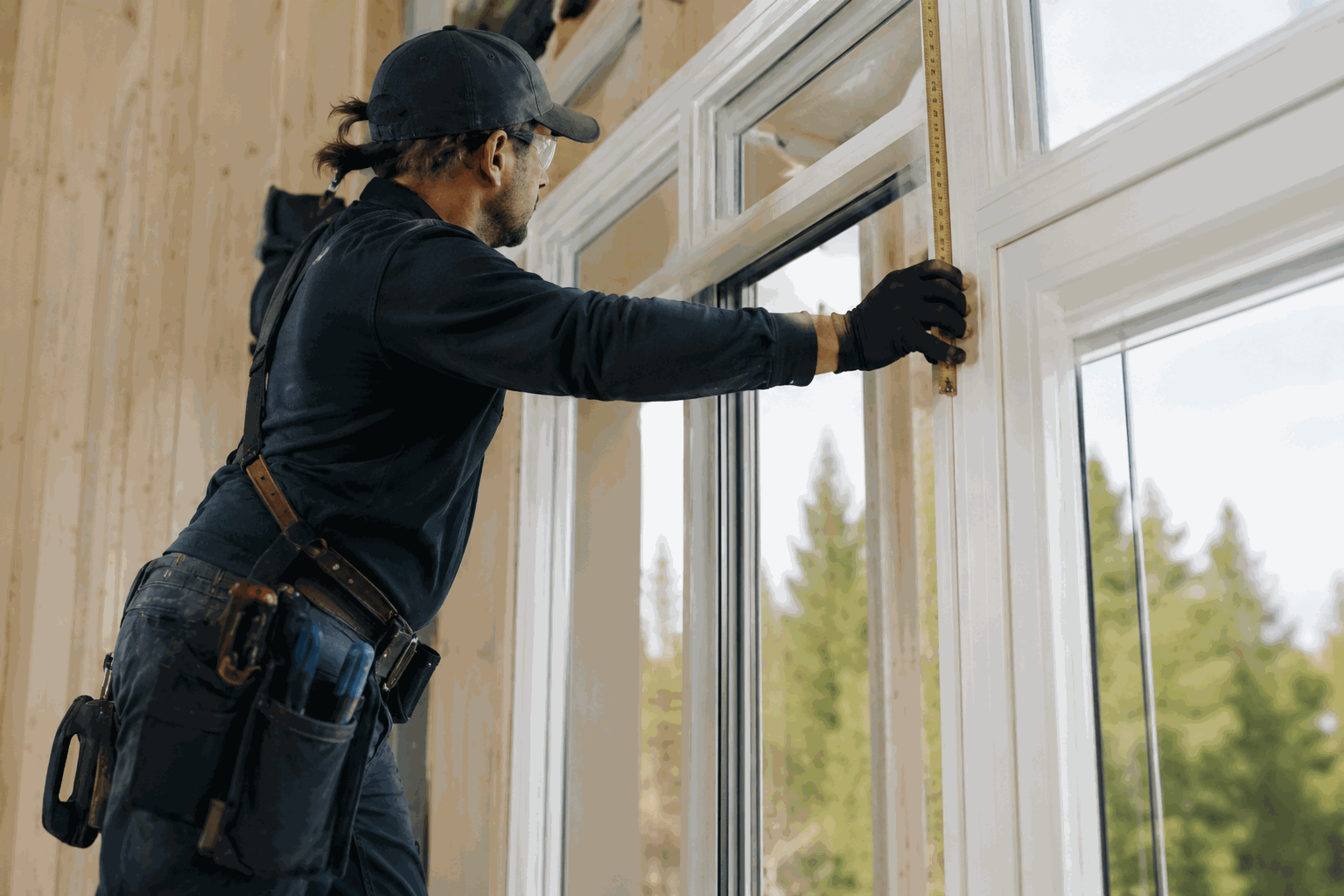 Contractor measuring a window wall for replacement