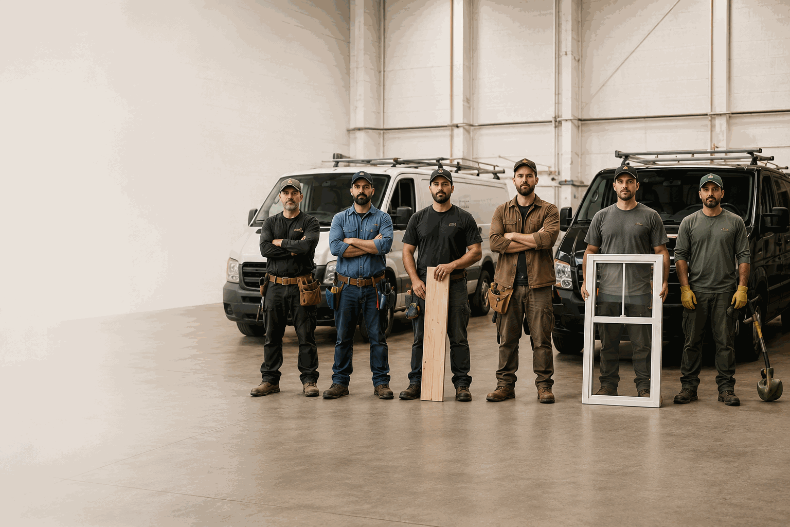 Install crew with a window unit and work vans in a commercial warehouse bay