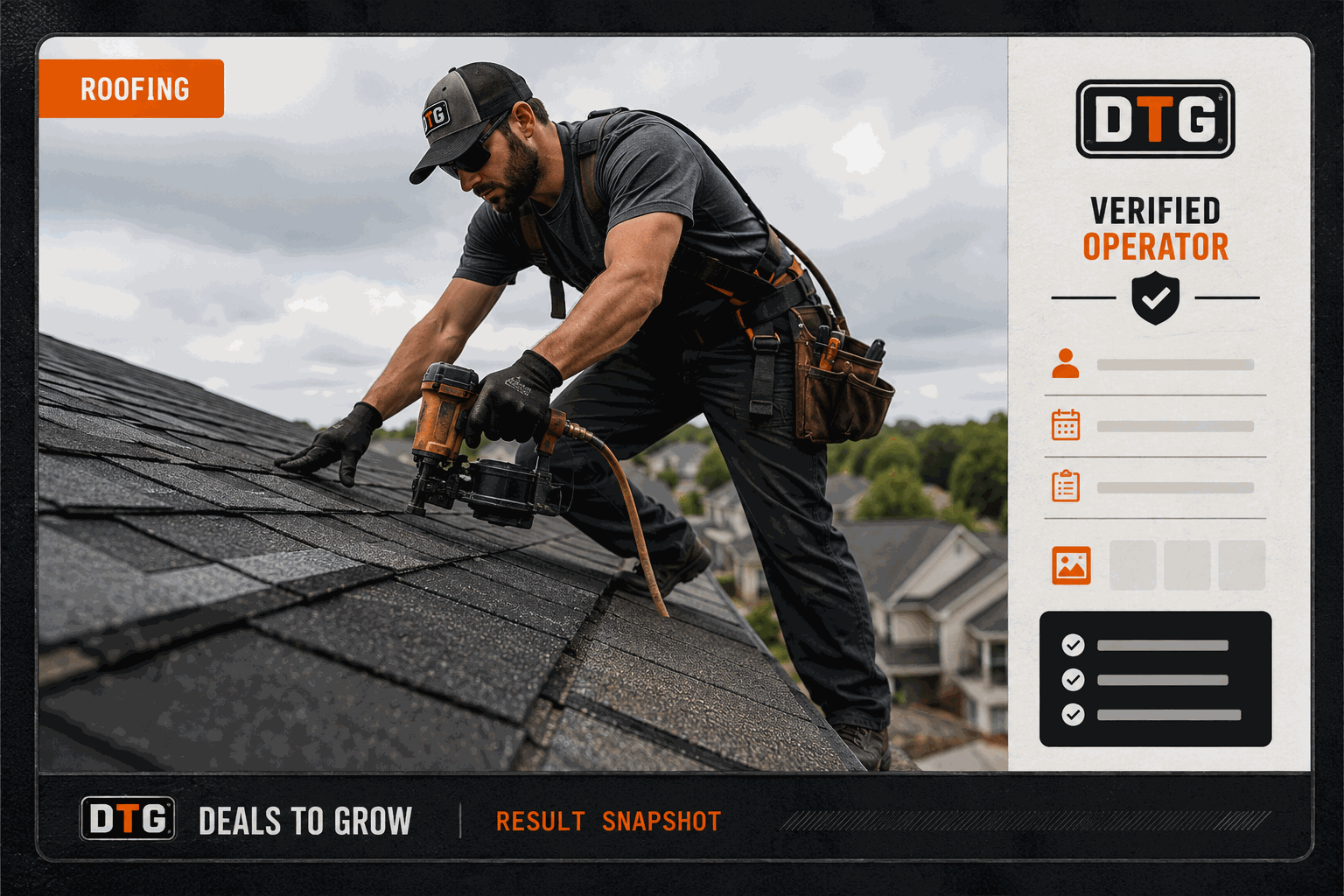 DTG verified operator result snapshot card — roofing