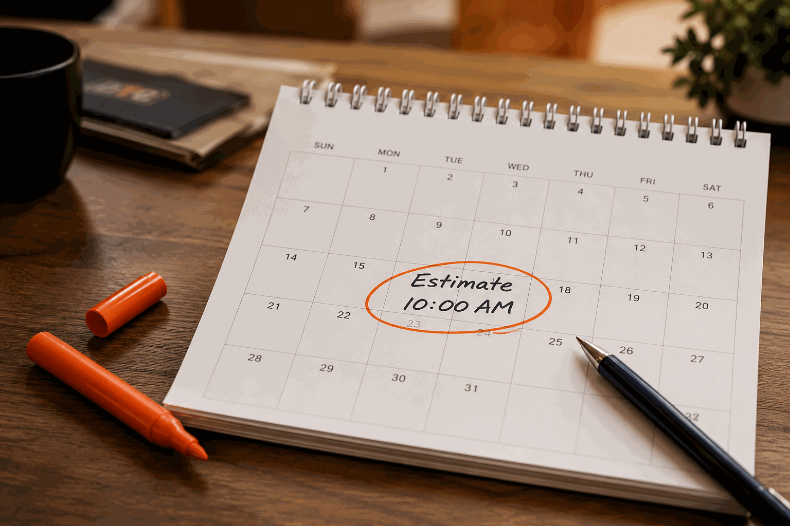 Desk calendar with a 10 AM estimate appointment circled in orange