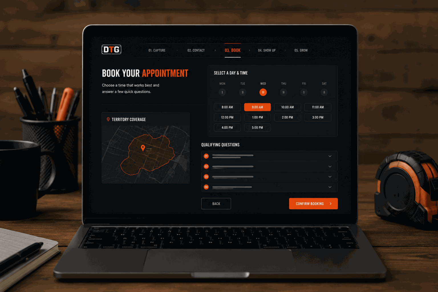 DTG booking flow on a laptop — territory coverage, qualifying questions, and appointment slots for the in-home quote