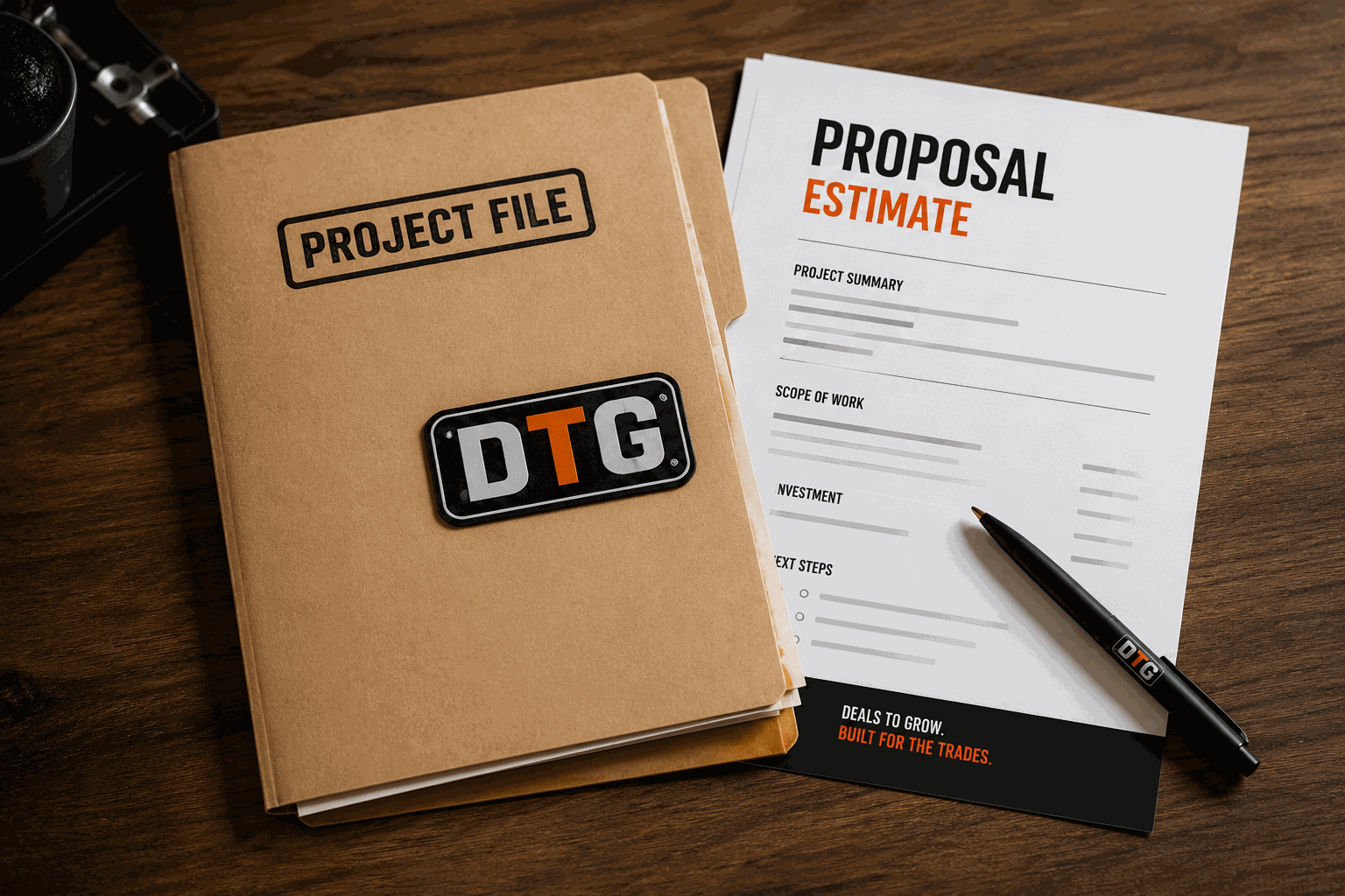 DTG project file and proposal estimate on a desk