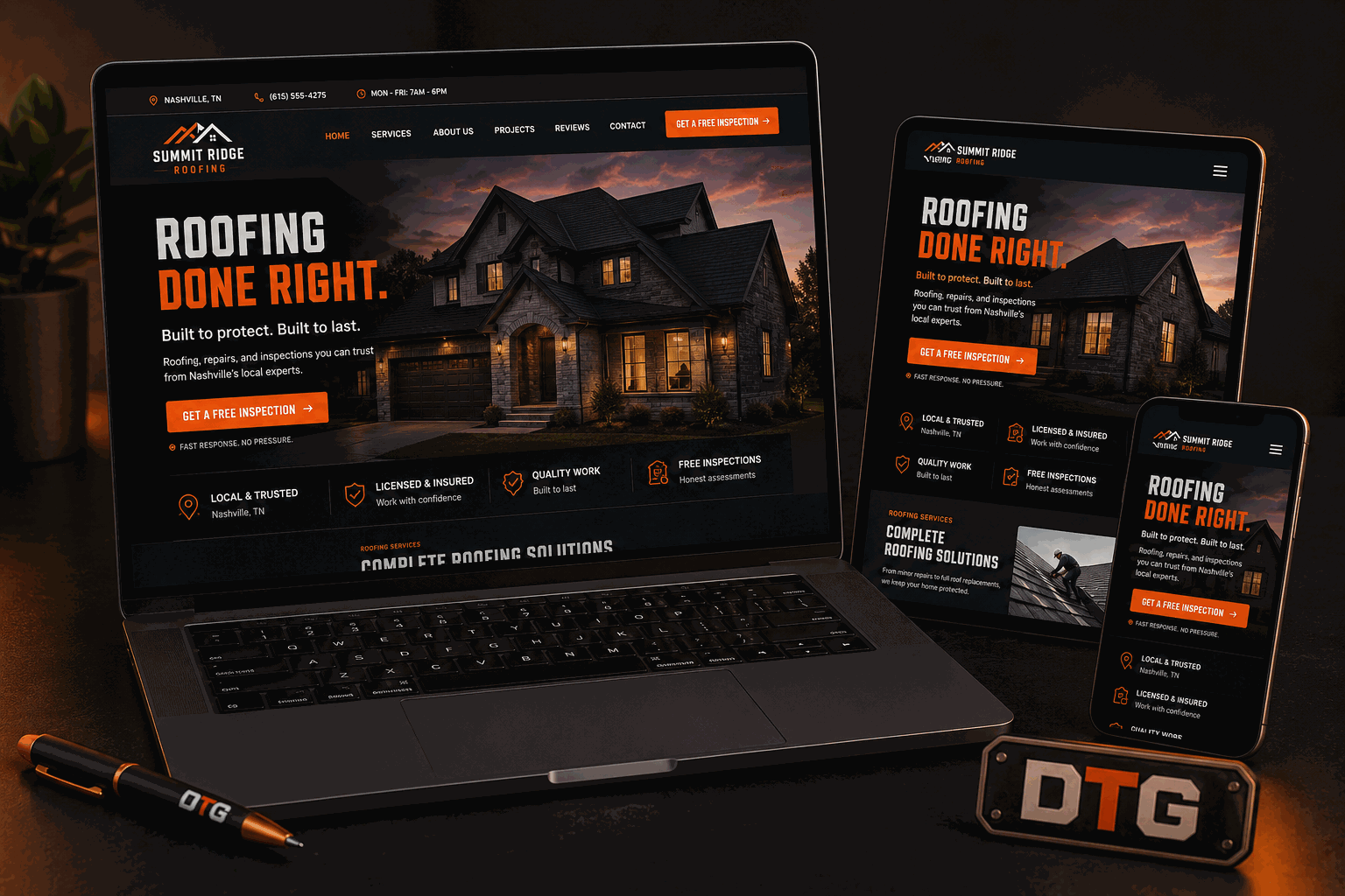 DTG-built website on laptop, tablet, and phone — owned by the contractor