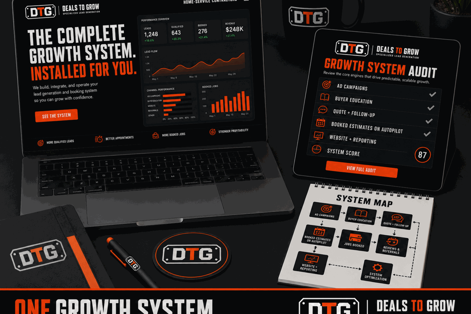 DTG growth system overview on a laptop and tablet — campaign engine, pipeline, and reporting