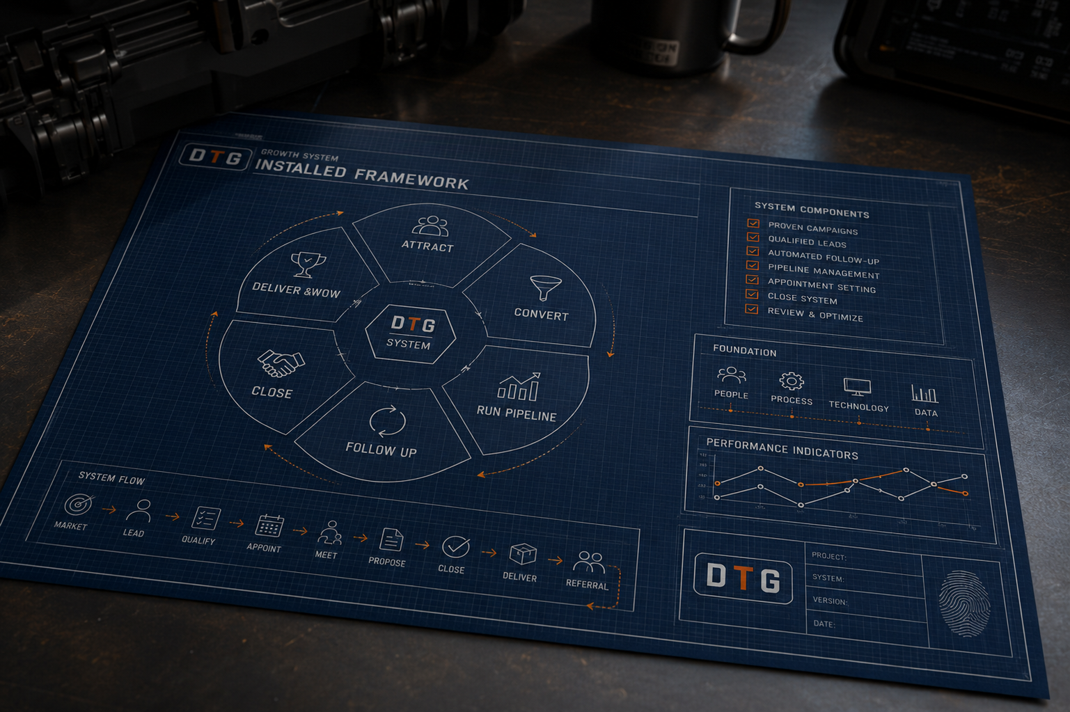 DTG installed framework blueprint showing attract, convert, follow-up, and close systems
