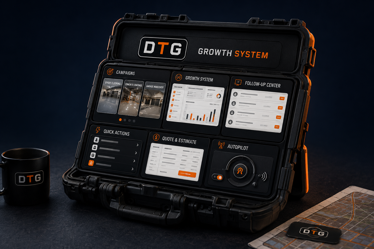 DTG growth-system kit case with campaign, follow-up, and estimate panels